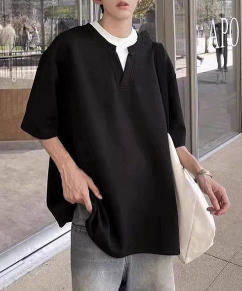 半袖Tシャツ メンズ 重ね着風カットソー スキッパーTシャツ クルーネック夏服 カジュアル 無地tシャツ 夏t レイヤード風プルオーバー おしゃれサマーtシャツ黒 87MP-005